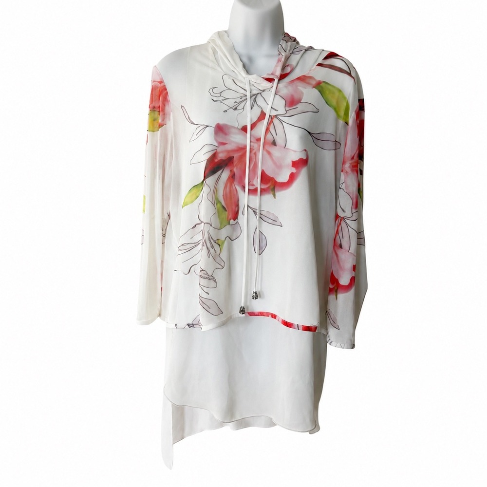 Frank Lyman Design Floral Mesh Hooded Tunic Top White‎ Pink SZ 12 Made in Canada